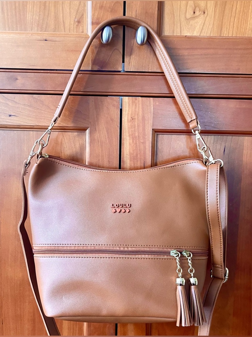 Loulu Convertible Tan Vegan Leather Crossbody Shoulder Satchel Bag With Tassels